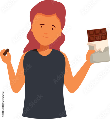 Happy woman eating a piece of chocolate and holding a chocolate bar