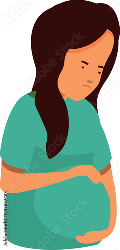 Pregnant woman experiencing prenatal depression, holding her belly with a sad expression