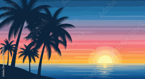 Silhouette of palm trees on a tropical island at sunset.