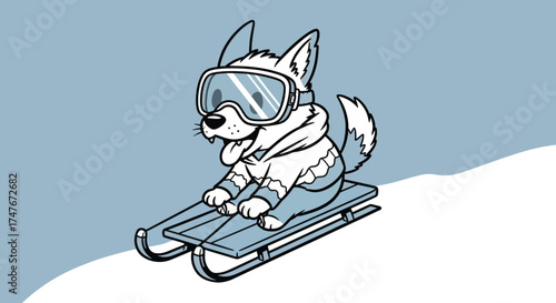 Cute cartoon husky dog wearing ski goggles and hoodie sledding down a snowy hill.