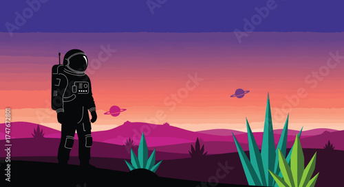 Astronaut standing on alien planet exploring new world.