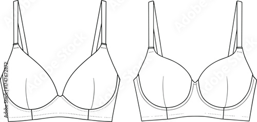 Women’s bra technical sketch, fashion flat, seam detail, cad drawing flat vector illustration, lingerie design, garment construction, undergarment outline