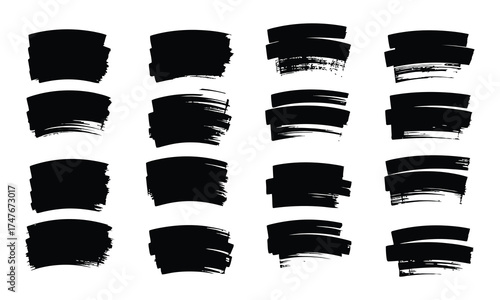Black paint brush strokes design elements on white background artistic set