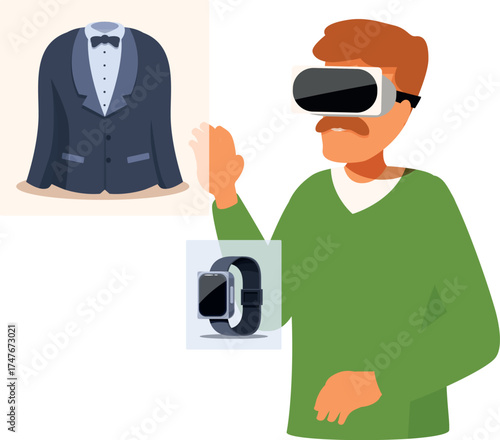 Customer wearing vr headset shopping online, browsing virtual catalog and choosing clothes and accessories