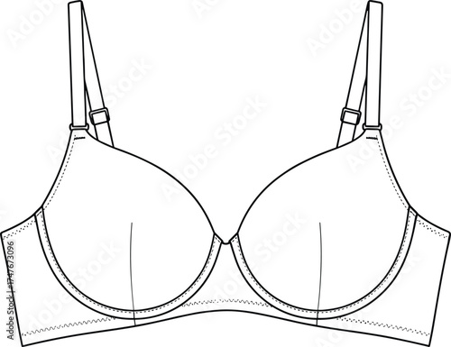 Women's bra sketch, molded cups, vertical seams, adjustable straps, stitching detail, fashion flat drawing, vector illustration, garment design, lingerie concept