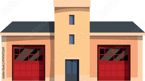 Fire station building exterior with two red garage doors and central tower, cartoon style vector illustration