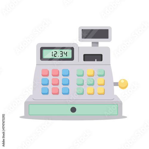 Retro cash register with colorful buttons shows twelve dollars and thirty four cents on digital display, sales concept