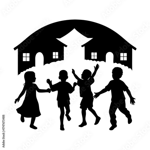 Children Playing in Village Silhouette