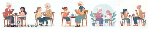 vector grandmother drinking tea with grandchildren