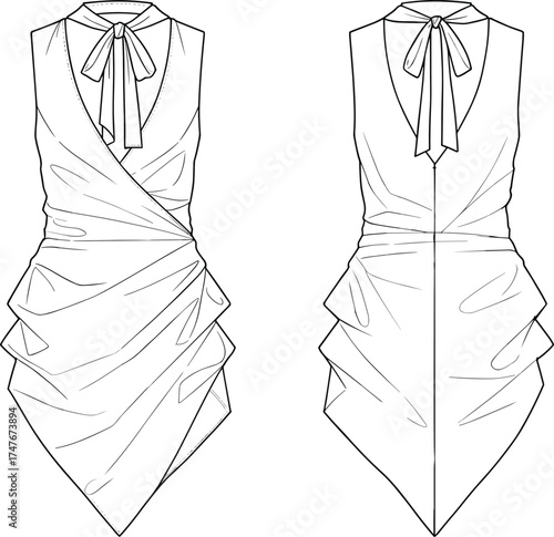 Women's dress technical fashion sketch, front and back view, deep V-neck, bow tie, wrap drape hem, CAD drawing flat vector illustration