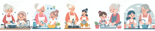 vector grandmother washing dishes with granddaughter