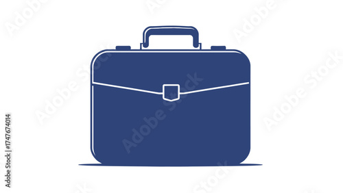 Illustration of a closed navy blue briefcase with a handle and a white latch on a white background