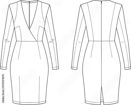 Women's dress technical flat sketch, front and back view, long sleeve, V-neck, wrap bodice, fashion CAD, garment construction, pattern making