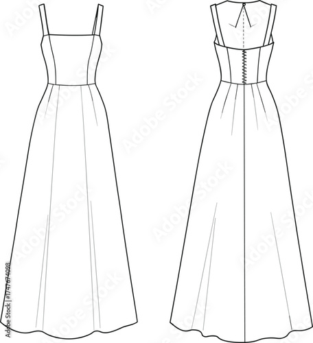 WebWomen's long dress sketch, fitted bodice, flared skirt, shoulder straps, V-back neckline, zipper closure, fashion flat drawing, vector illustration