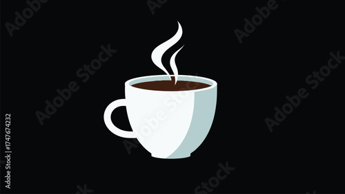 A steaming cup of coffee with a white mug and dark liquid against a solid black background image view