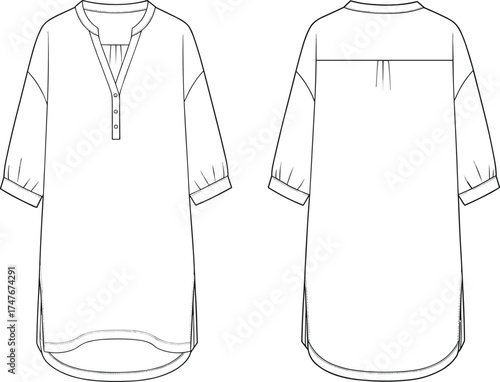 Women's tunic top technical sketch, front and back view, puff sleeve blouse, curved hem, cad drawing flat vector illustration, fashion design