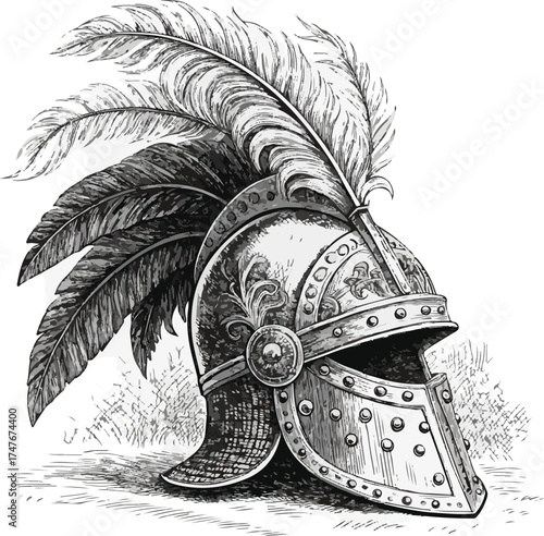 medieval knight helmet and sword vintage sketch illustration