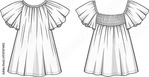 Fashion technical drawing of women’s dress with ruffle sleeves, smocked back panel, flowing silhouette, garment flat sketch, apparel design illustration