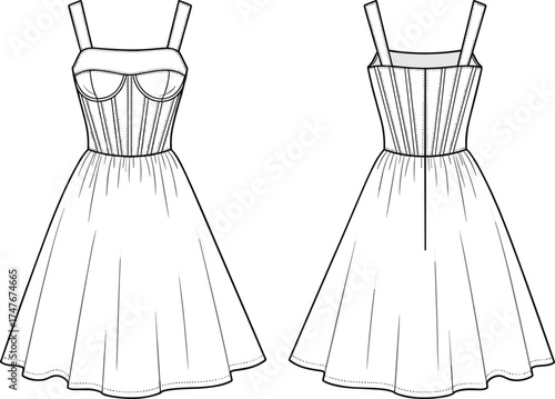 Fashion technical drawing of women’s dress with sweetheart neckline, fitted bodice, flared skirt, garment flat sketch, apparel design illustration