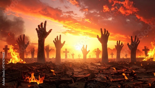 Apocalyptic Zombie Graveyard at Fiery Sunset – Surreal Horror Digital Art

