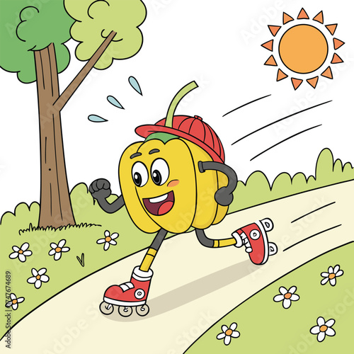 Smiling yellow bell pepper character on roller skates enjoying sunny outdoor activity