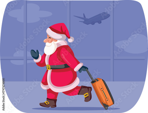 Santa Claus with Luggage at the Airport Vector Illustration. Christmas traveler hurrying to celebrate the holidays  