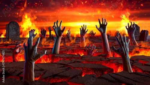 Apocalyptic Zombie Graveyard at Fiery Sunset – Surreal Horror Digital Art
