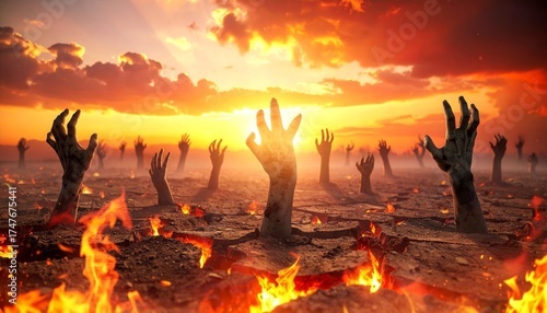 Apocalyptic Zombie Graveyard at Fiery Sunset – Surreal Horror Digital Art
