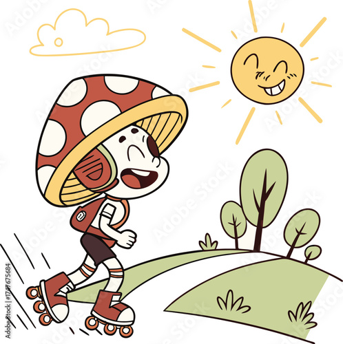 Joyful mushroom character rollerblading on a sunny day through rolling hills