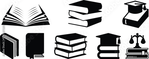 Creative black open book logo vector design illustration. Book icon set. open book icon vector. ebook icon set.Open book icon isolated on transparent background.Knowledge icon in editable stroke