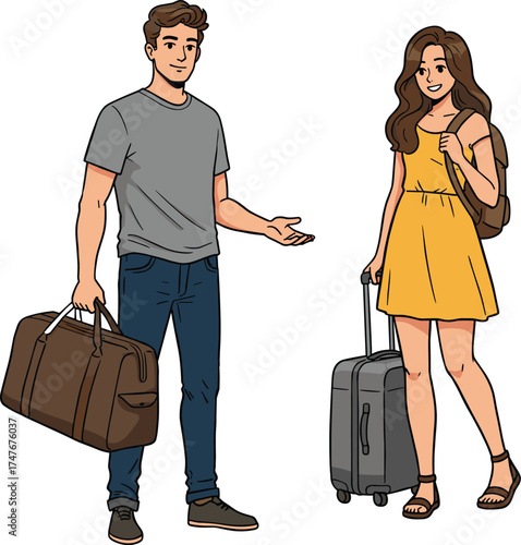 Young couple traveling with luggage, duffel bag, suitcase, backpack, casual outfit, vacation ready, airport scene, smiling