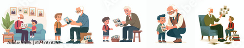 vector of grandfather showing his young photo to his grandson