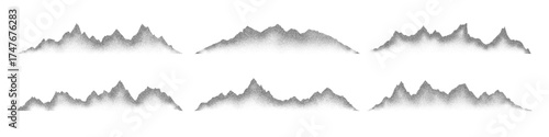 Grain noise stippled mountain range ridges terrain texture landscape vector illustration set. Grunge pointillism mountain range stipple landscape halftone effect shape sand texture.