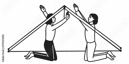 Two people kneeling and holding up a triangular structure made of sticks in a black and white drawing