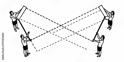 Four people holding rectangular boards connected by dashed lines in a crisscross pattern design