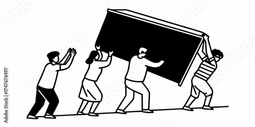 Group of people carrying a large black rectangular object together in a collaborative effort scene