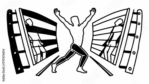 Silhouette of a person running with arms raised between two structures with people inside them