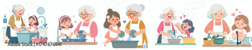 vector grandmother washing dishes with granddaughter
