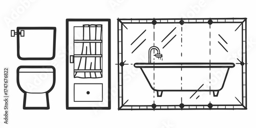 Outline drawing of bathroom fixtures including a toilet cabinet and a bathtub with a mirror above
