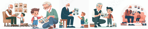 vector of grandfather showing his young photo to his grandson