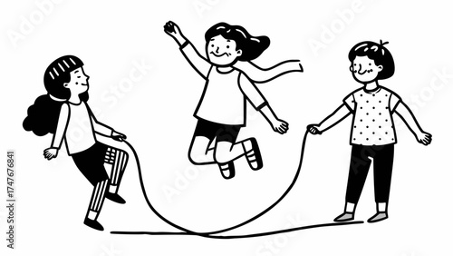 Three children playing jump rope together with one child jumping in the air and smiling happily