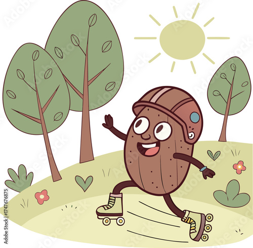 Happy potato character roller skating outdoors under sunny sky fun activity
