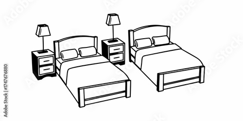 Two beds with bedside tables and lamps in a bedroom setting in a black and white outline drawing