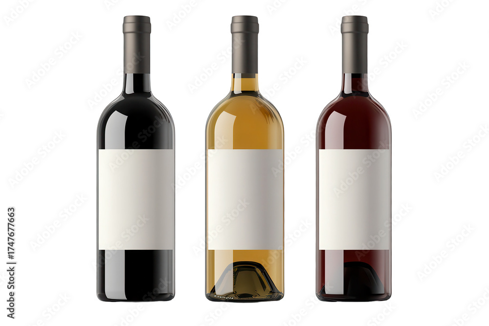 Fototapeta premium Elegant display of three wine bottles with blank labels set against a neutral background in a stylish presentation
