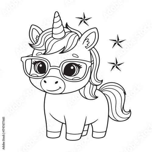 Cute baby unicorn wearing glasses and surrounded by stars spectacles Unicorn Coloring Book Unicorn Coloring page Coloring page Coloring book for kids