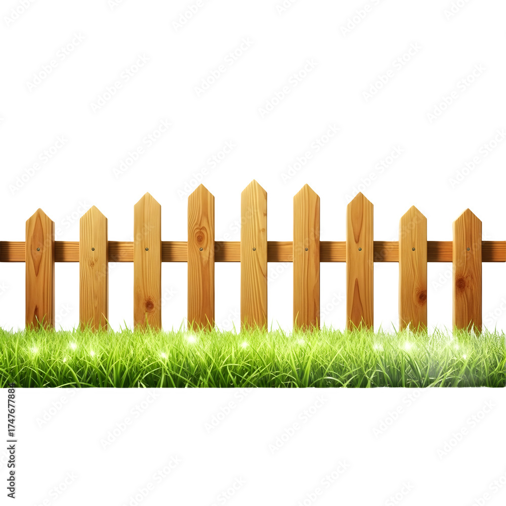 Fototapeta premium Charming wooden fence surrounded by vibrant green grass, creating a picturesque scene isolated on transparent background