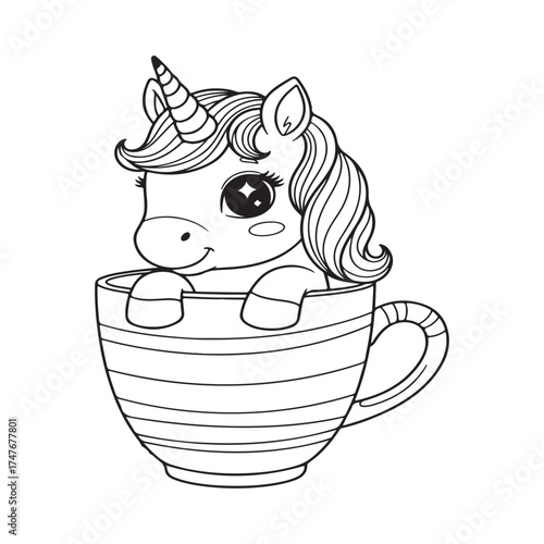 Cute cartoon unicorn peeking out of a striped teacup with a happy Unicorn Coloring Book Unicorn Coloring page Coloring page Coloring book for kids