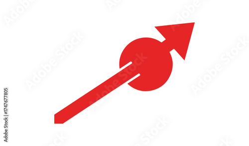 Red arrow pointing upwards and forwards on a white background