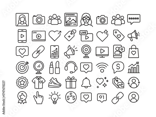 Social media line icons set for internet community email communication 