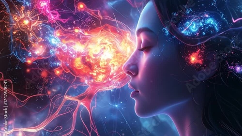 Contemplative Woman with Cosmic Energy and Inner Connection Visualized